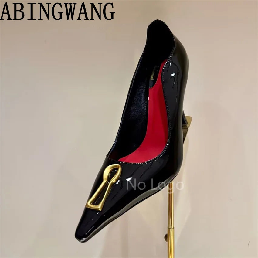 High Quality Leather Thin Heel Pumps Slip On Pointed Toe Suede Metal Shoes Women Sexy Party Sandals For Women Mujer