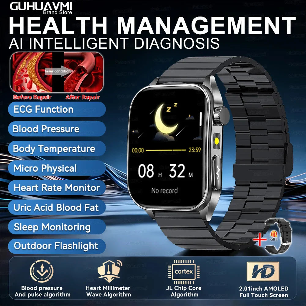 2026 Nuovo 650nm Terapia Laser Grassi nel sangue Acido urico Pressione sanguigna Smart Watch ECG + PPG Preciso Monitor di salute Smartwatch per gli uomini