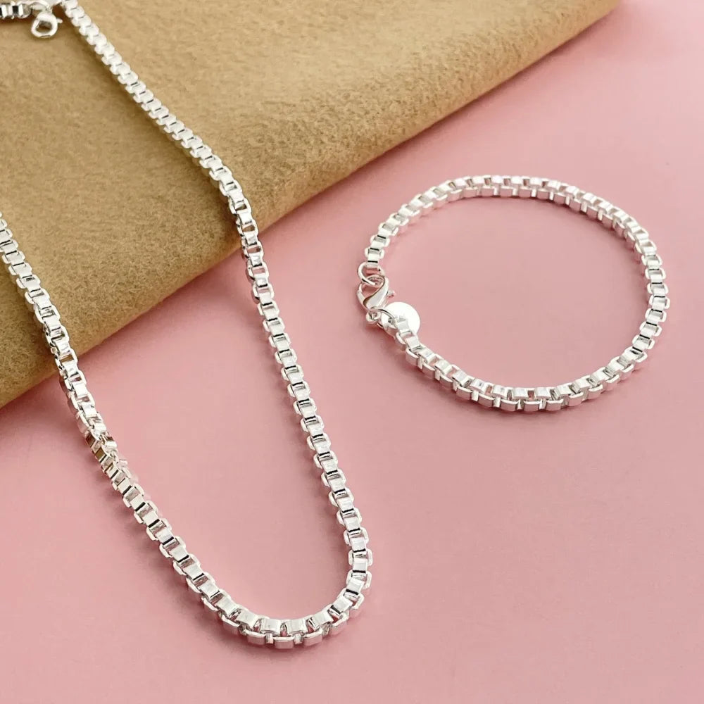 Andara Set di collana e bracciale a catena quadrata in argento sterling 925 da 4 mm per gioielli da festa per uomini e donne