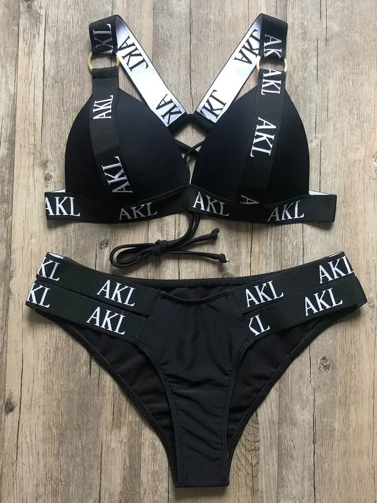 Costumi da bagno da donna Costume da bagno Push Up Bikini 2023 Mujer Lace Up Bikini Costume da bagno donna Stampa di lettere Mini Perizoma Bikini Set