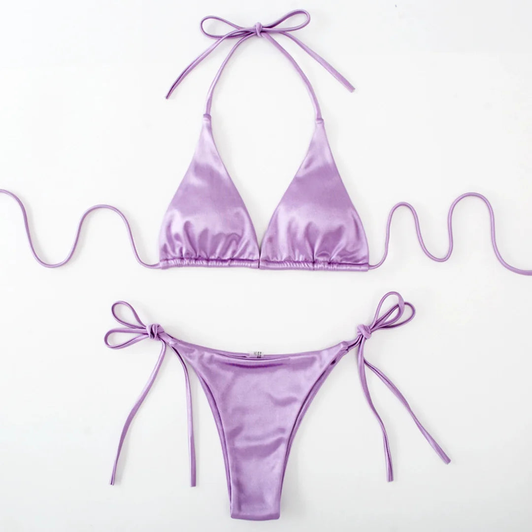 Sexy 13 colori Halter Satin Bikini brasiliano Donna Costumi da bagno Costume da bagno femminile Bikini a due pezzi Bagnante Costume da bagno Swim V4966